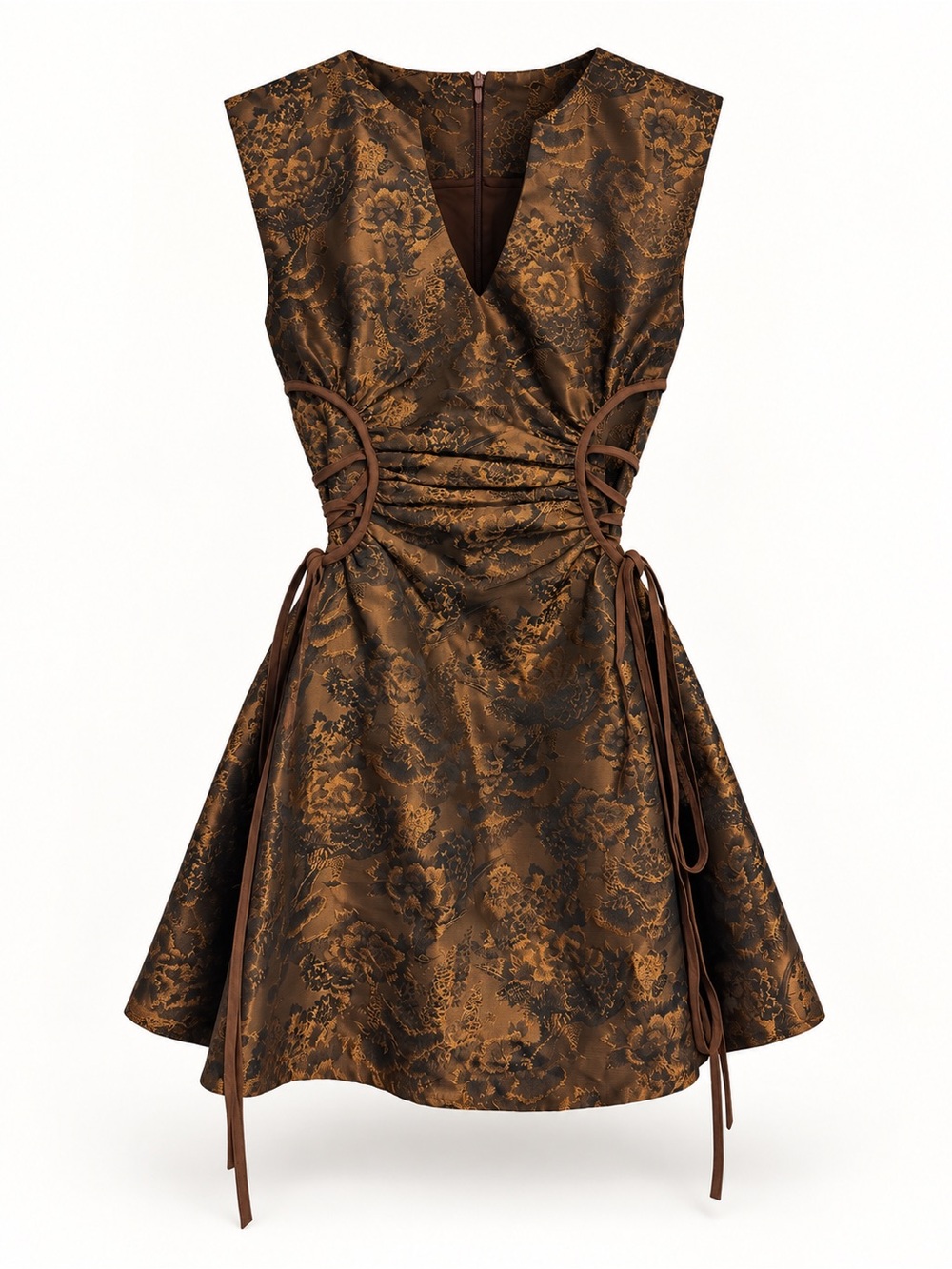 Brown Floral Jacquard Mini Dress with Side Tie Detail